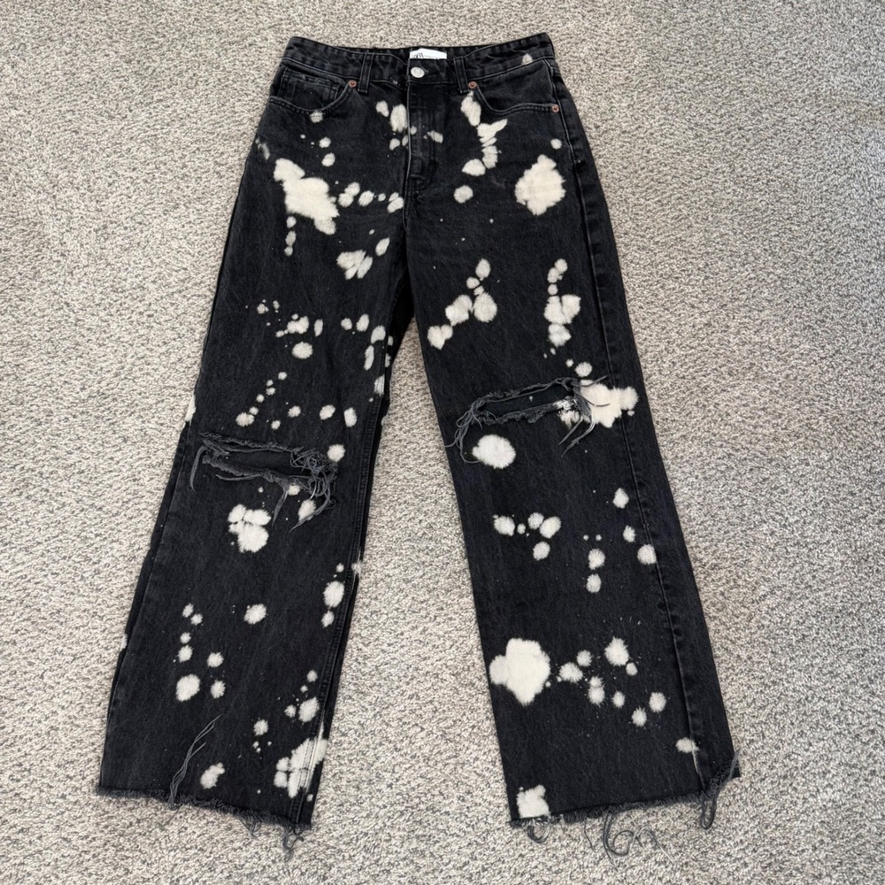 Zara Wide Leg Jeans Black Bleach Splatter Distressed Women Size 8 Streetwear